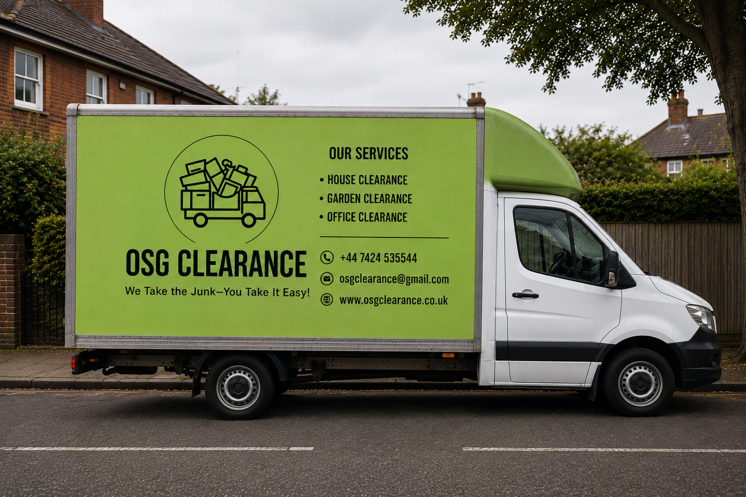 OSG Clearance branded green vehicle serving a residential street